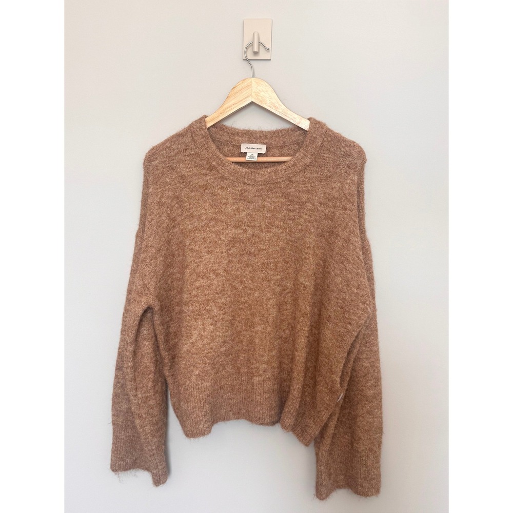 CALVIN KLEIN JEANS | Sweater Women L Brown Fuzzy Knit Crewneck Oversized Cozy